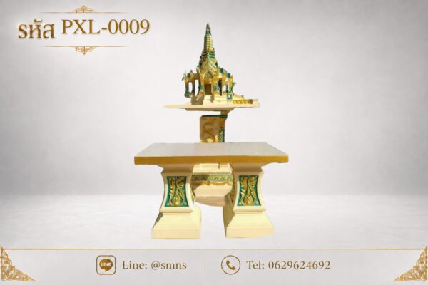ศาลพระภูมิทรงไทย รุ่น PXL-0009 พร้อมโต๊ะวางของไหว้ บนพื้นหลังสีเทาอ่อน
